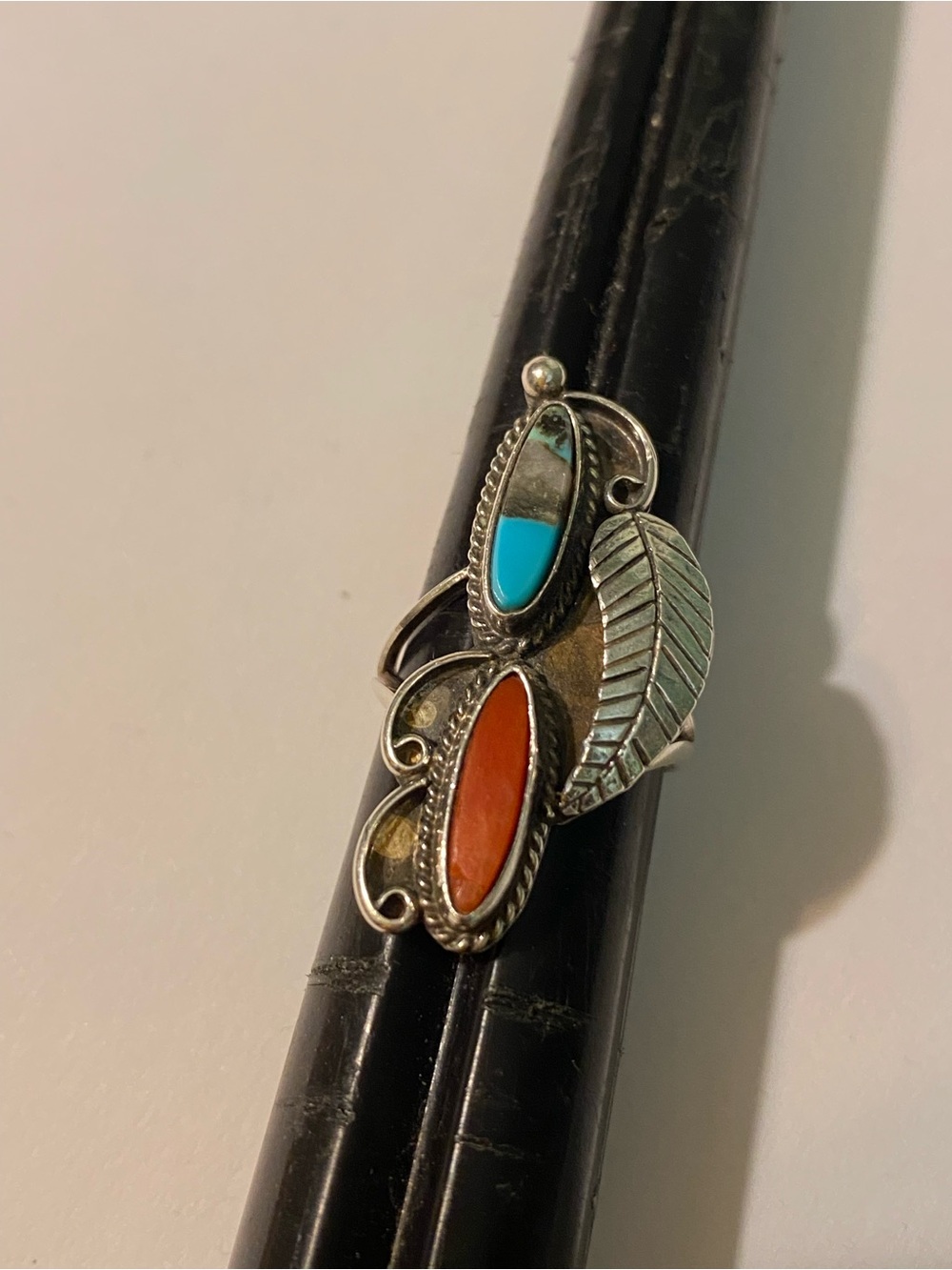 Sterling Feather Inlay Ring with Turquoise and Coral